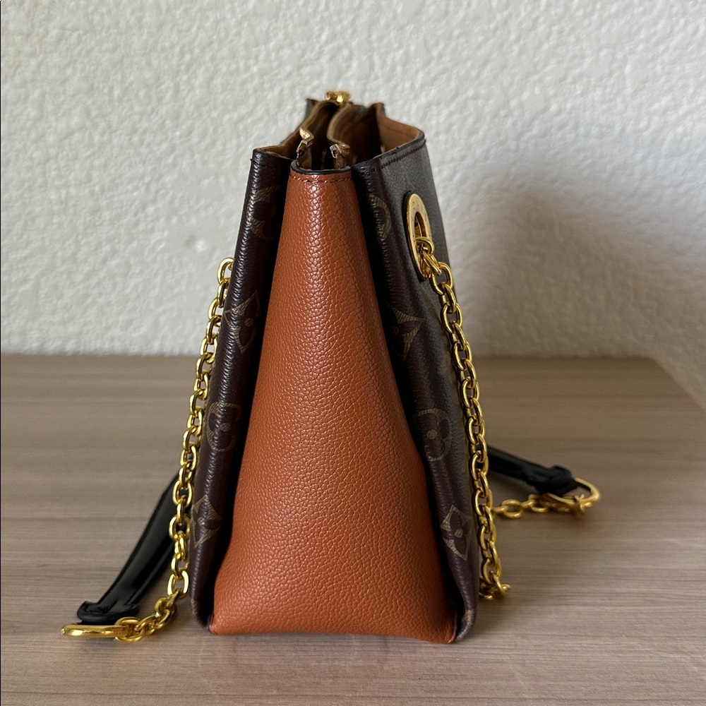 Louis Vuitton Inspired Monogram Chain Shoulder Bag — Brown/Tan/Gold - Picture 10 of 13